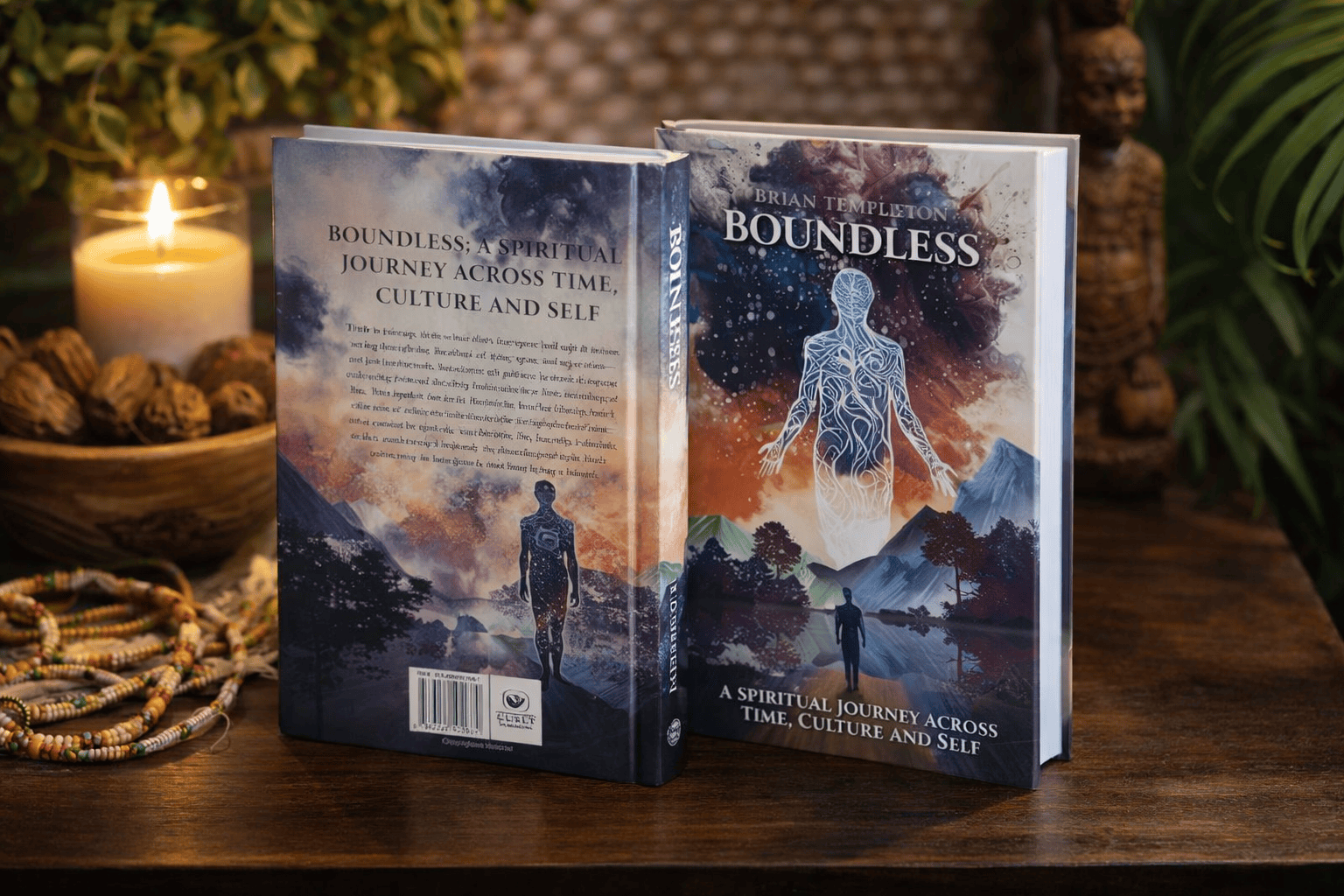 Boundless book by Brian Templeton displayed with ambient candlelight, open pages visible showing spiritual memoir content